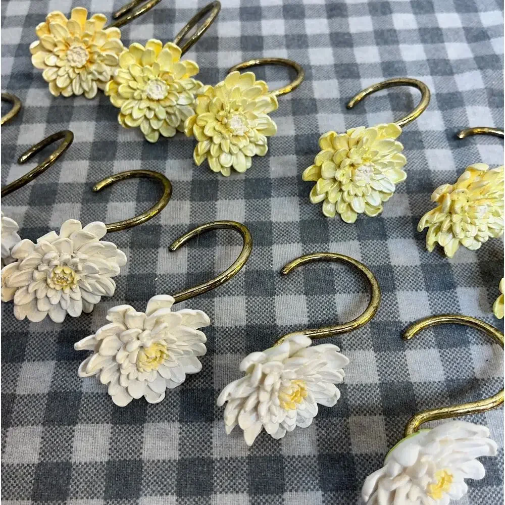 Vintage Shower Curtain Hooks Chrysanthemum Yellow White Brass Tone Set of 12